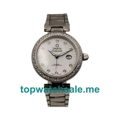 UK Best Quality Omega De Ville Ladymatic 425.35.34.20.55.001 Replica Watches With White Mother-Of-Pearl Dials For Sale