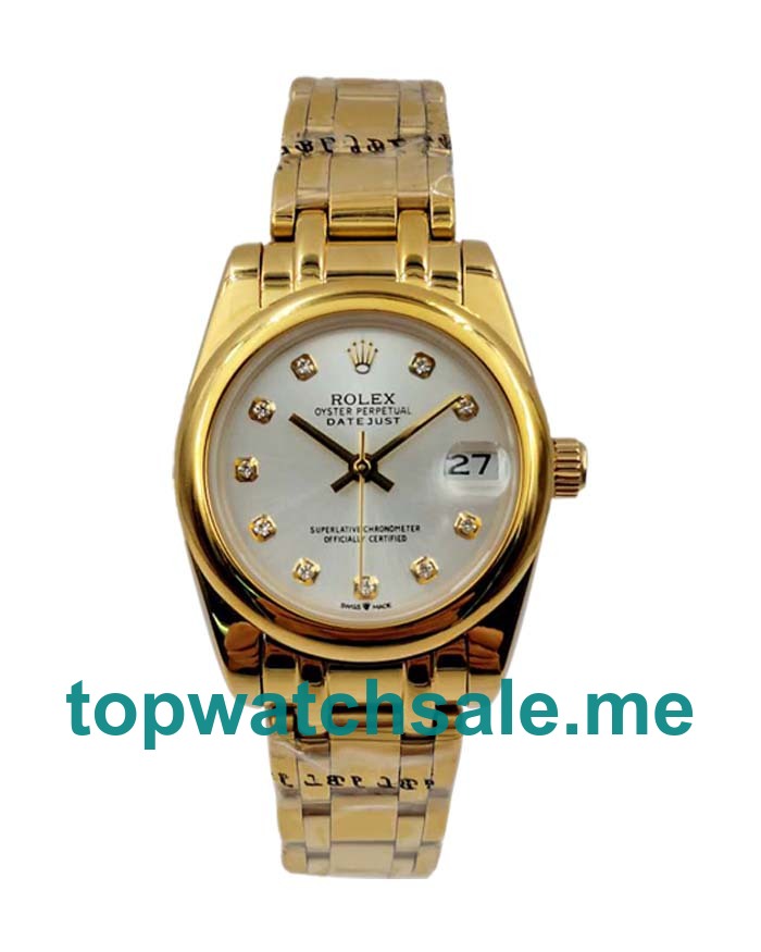 UK AAA Quality Rolex Pearlmaster 81208 Fake Watches With 31 MM Gold Cases For Women